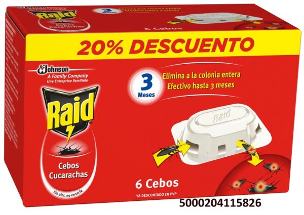 INSECTICIDA RAID CEBOS CUCARACHAS 6 CEB OS X 2.5 G C/ 12 UDS